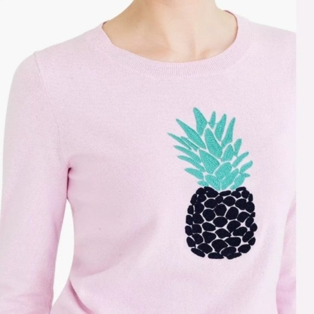 J Crew Pink Pineapple Embroidered Long Sleeve Sweater Size L
